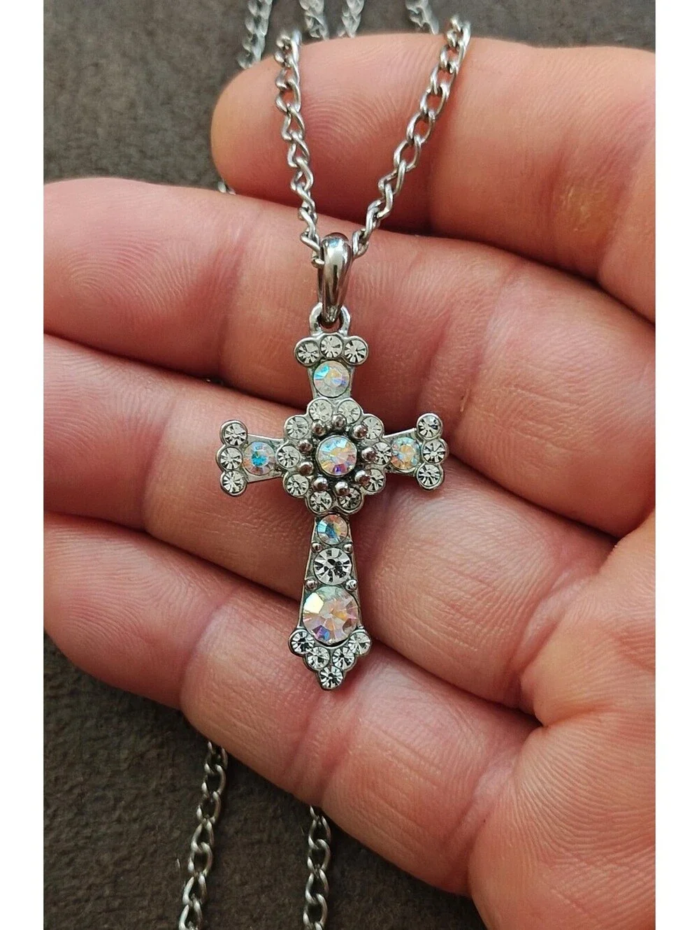 1990s Filigree With Aurora Borealis Rhinestones Silver Tone Cross Necklace